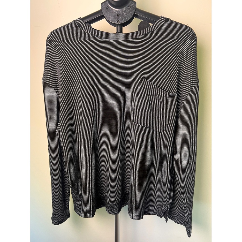 Daily Ritual Striped Long Sleeve Pocket Tee Women Black White Excellent Casual